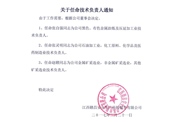 关于任命技术负责人通知